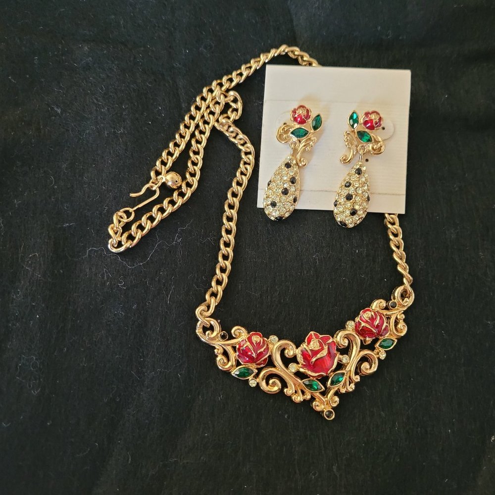 Gold tone and enamel necklace and drop earrings of Red Roses